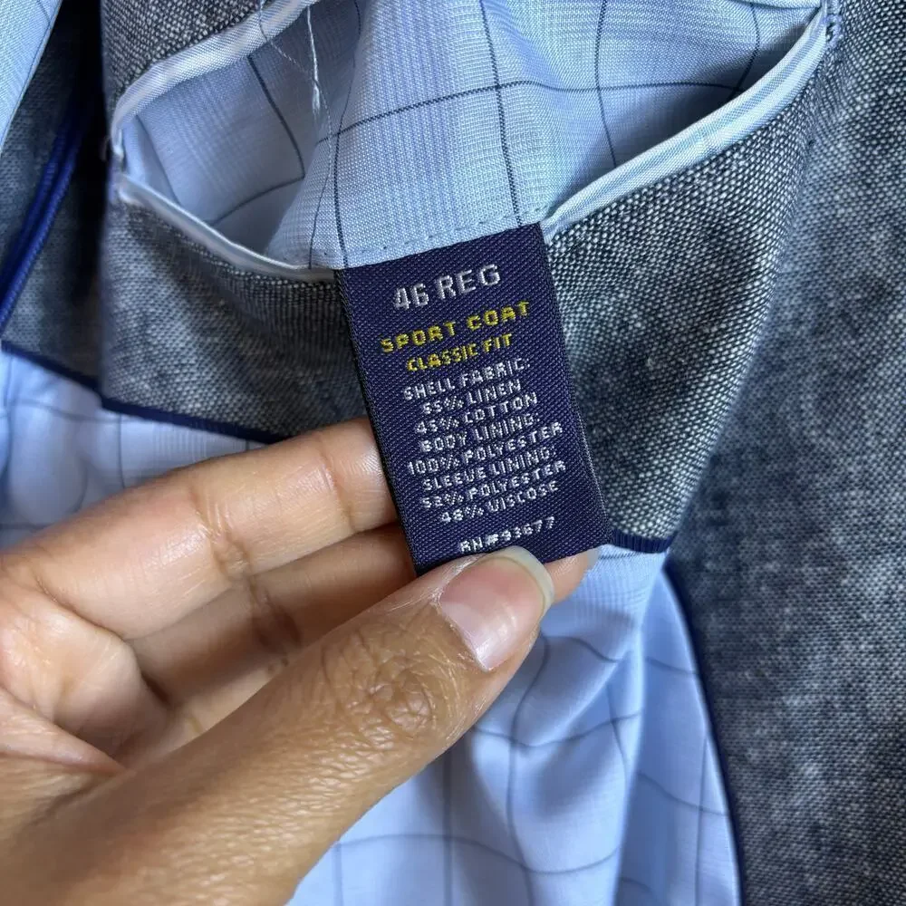 Stafford Linen Cotton Blend Sport Coat Size 46R Grey Breathable Business Casual